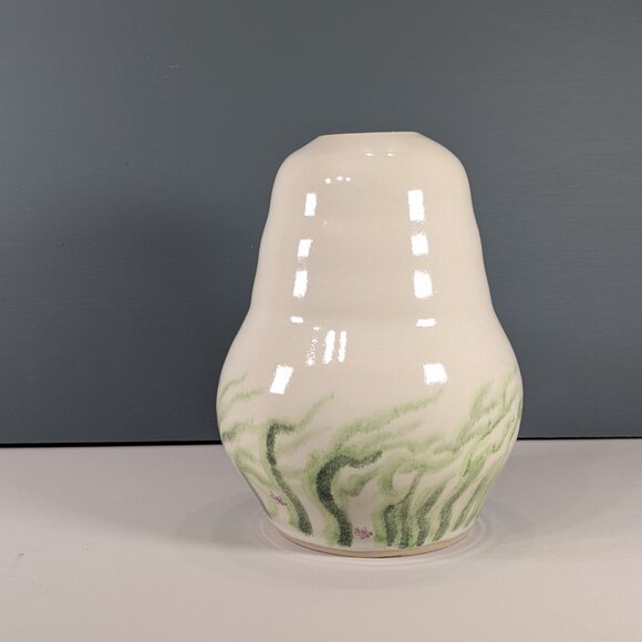 Heavy pottery hand painted lamp base, wavy seaweed nautical home decor - Picture 2 of 9